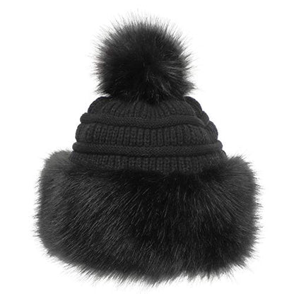 Soul Young Women's Faux Fur Hat Russian Cossack Knit Pompom Hat Ski Snow Cap for Winter Outdoor - color: Black