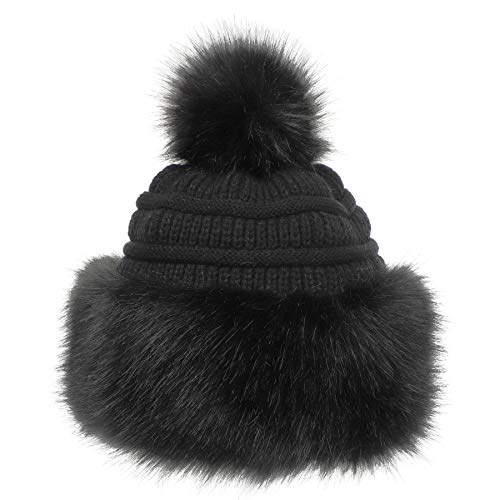 Soul Young Women's Faux Fur Hat Russian Cossack Knit Pompom Hat Ski Snow Cap for Winter Outdoor - color: Black
