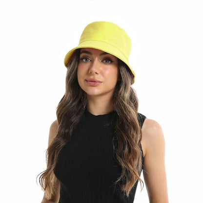 Wheebo Solid Color Bucket Hat for Women Summer Beach Fishmen Hat for Lady Adult Unisex Cotton Cap…… - color: A-sc-yellow
