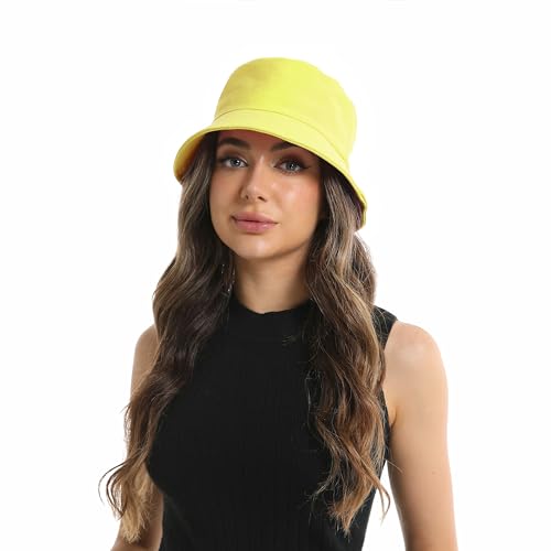Wheebo Solid Color Bucket Hat for Women Summer Beach Fishmen Hat for Lady Adult Unisex Cotton Cap…… - color: A-sc-yellow