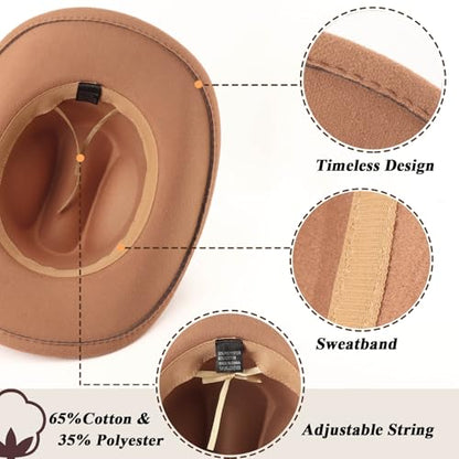 DRESHOW Western Cowboy Hat for Women and Men Wide Brim Glitter Cowboy Cowgirl Hat with Rhinestone Felt Fedora Hats - color: 1 Pack Style 10: Khaki