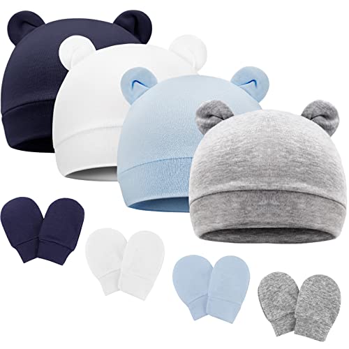 Newborn Baby Hat and Mittens Set Bear Ears Toddler Infant Beanie Caps Newborn Hospital Hat for Baby Boy Girl 0-3 Months - color: Bear Ear a
