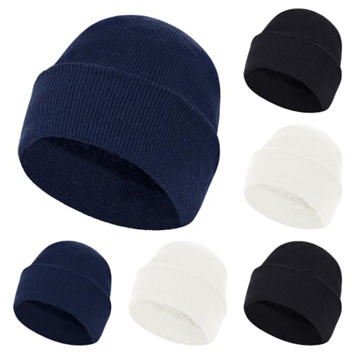 ZH 6 Pack Men's Winter Knit Beanies with Fleece Lining, Warm Stretchy Skull Caps for Cold Weather, Unisex Thermal Hats - color: Black/White/Navy