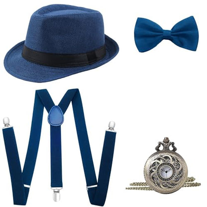 BABEYOND 1920s Mens Gatsby Gangster Accessories Set Panama Hat Suspender Bow Tie - color: Blue Set