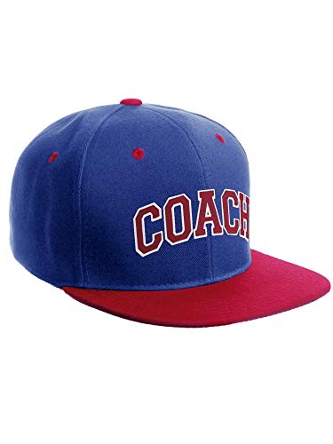 Original Team Coach Snapback Hat Classic Layered Arched Letters Flat Bill Cap - color: Blue Red Hat White Red Letters