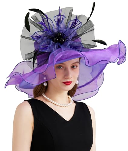 Women Organza Derby Hat Fascinator Tea Party Wedding Church Derby Hat Fascinator Hats Dual-use - color: 02b Purple