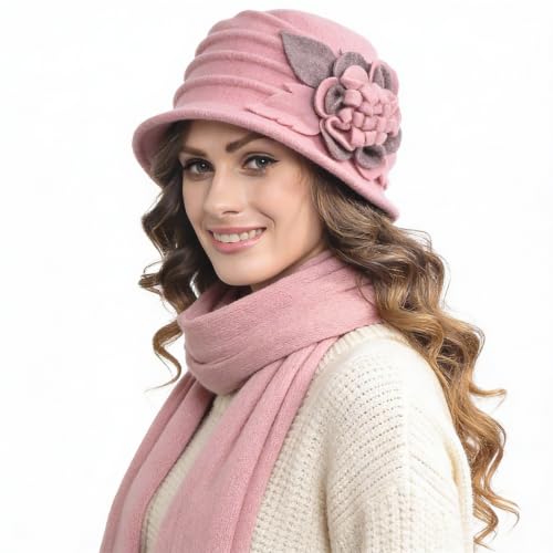 Vintage Women Floral Wool Dress Cloche Winter Hat 1920s - color: C020-d-light Pink