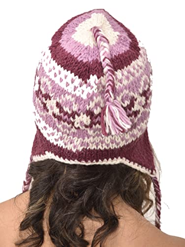 Hand Knitted 100% Merino Wool Ear Flap Snowboard Ski Chullo Peruvian Style Nepal Himalayan Sherpa Earflap Fleece Lined Winter Beanie Hat