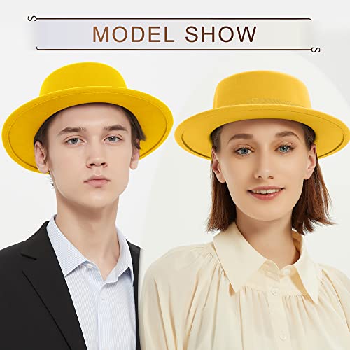 Classic Fedora Hat Flat Top Hat Felt Pork Pie Hat Wide Brim Church Derby Cap for Women and Men - color: Yellow