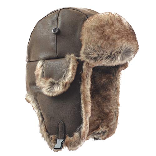Janey&Rubbins Russian Hat Fur Soviet Ushanka Cossack Winter Cap Earflap Snow Ski Headwear - color: Brown/Leather, size: Large