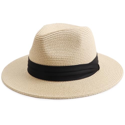DRESHOW Women Straw Panama Hat Travel Fedora Beach Sun Hat Summer Wide Brim Straw Roll up Hats UPF 50+ - color: Fedora Beige