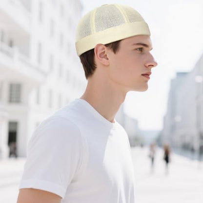 Mens Mesh Brimless Cap with No Brim, Summer Docker Cap Beanie Hat Flip Sailor Skullcap Breathable - color: Beige 2