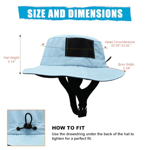 Surblue Surf Bucket Hat with Widened Chin Straps UPF 50+ Windproof Sun Hat Adjustable Packable Cap for Water Sports Surfing - color: Skyblue