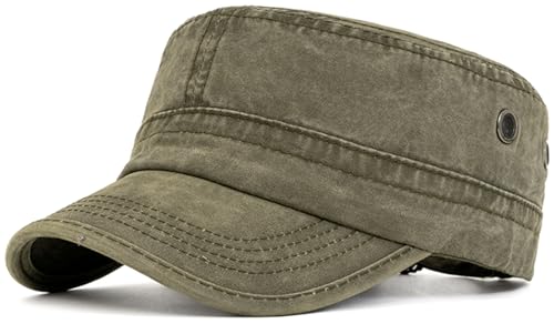 Military Cadet Army Cap for Men Women – Washed Cotton Vintage Adjustable Flat Top Hat - color: Army Green