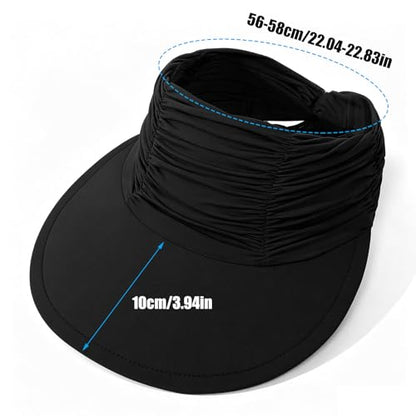KXF Sun Visors Hat for Women Wide Brim Beach Hat Foldable Visor Hat Cap Ponytail Summer Packable UPF 50+ Adjustable Stretchy - color: Black