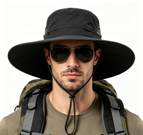 Fishing Sun Hat for Men UPF 50+ Wide Brim Boonie Hats for Summer - color: Black