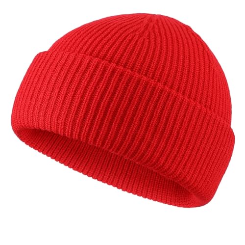 Connectyle Short Fisherman Beanie for Men Women Warm Winter Hats Knit Cuffed Beanies Skull Cap Acrylic Watch Hat - color: Red
