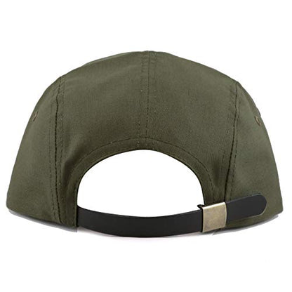 The Hat Depot Made in USA Cotton Twill 5 Panel Flat Brim Genuine Leather Brass Biker Board Cap - color: Olive