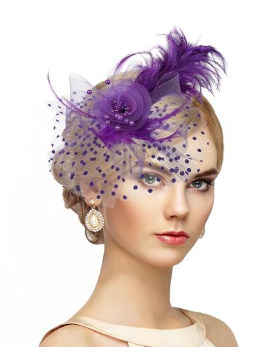 Zinniday Victoria Fascinators Hats for Women - 2026 Kentucky Feather Mesh Derby Hat 1920s Tea Party Headwear for Church - color: Purple