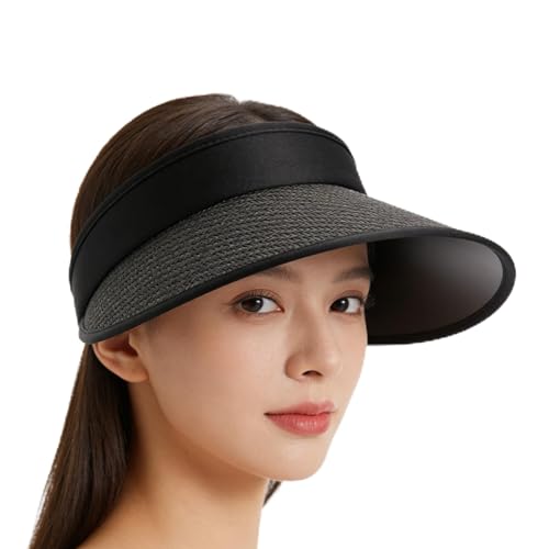 Women Straw Sun Visor Cap Summer Wide Brim Beach Cap Cycling UV Protection Sun Hat Ponytail Foldable Visor with Chin Strap - color: Black