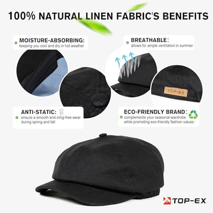 XL XXL Oversized 8 Panel Natural Linen Flat Cap Newsboy Hat Lightweight Summer Cooling Golf Outdoor Eco-Friendly - color: Black(elastic), size: Large-X-Large