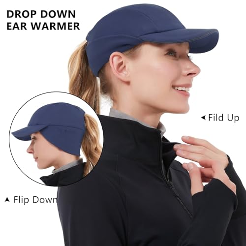 GADIEMKENSD Women's Winter Reflective Fleece Ponytail Hat with Drop Down Ear Warmer - color: Navy, size: 7-7 1/8