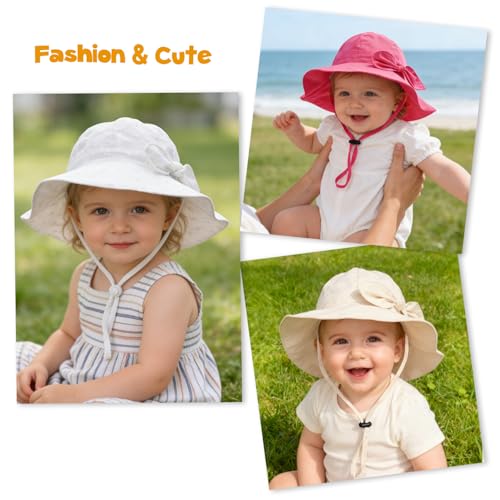 Baby Girl Sun Hat with UPF 50+ Outdoor Adjustable Beach Hat with Wide Brim Bucket Hats - color: Beige White, size: 6-12 Months