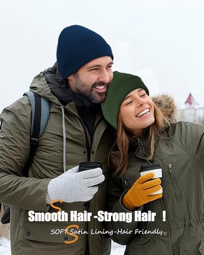 Satin Lined Knit Beanie Hat-100% Cotton Winter Hats for Women Men - color: 1-grayish Green