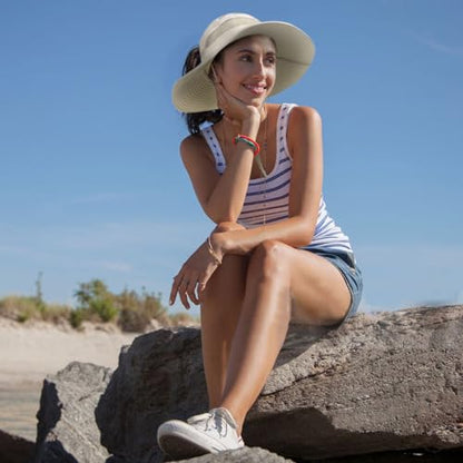 Bucket Sun Hat for Women Wide Brim Breathable Mesh UPF50+ Safari Hat Criss Cross Ponytail Hole Outdoor Rain Hat - color: Beige