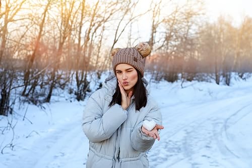 Funky Junque Women’s Double Pom Pom Beanie – Soft Knit Winter Hat for Women & Teens, Warm Cuffed Beanie with Faux Fur Poms - color: Taupe/Natural Faux Fur, size: Small-X-Large