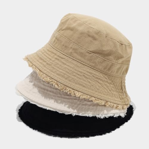 Quanhaigou Frayed Unisex Sun Hats, Fashion Beach Bucket Hat for Men Women,Summer Outdoor Boy's Girls Boonie Cap - color: Patchwork Khaki