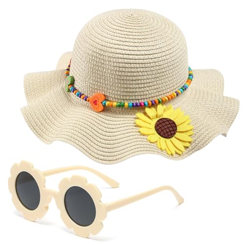 Girls Straw Hat with Flower Round Sunglasses, Summer Foldable Large Brim Sunflower Bowknot Beach Toddler Straw Sun Hat, 2-6T - color: Beige