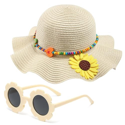 Girls Straw Hat with Flower Round Sunglasses, Summer Foldable Large Brim Sunflower Bowknot Beach Toddler Straw Sun Hat, 2-6T - color: Beige