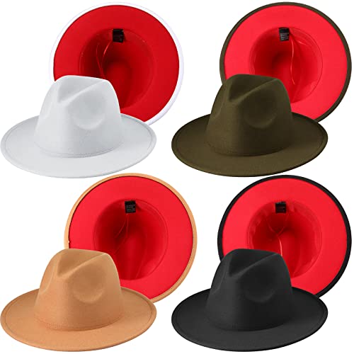 Funtery 4 Pcs Fedora Hats Adjustable Men Women Wide Brim Felt Hat Dress Panama Hat Two Tone Wide Brim with Buckle 22-22.8" - color: Black Red, White Red, Green Red, Camel Red