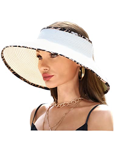 LA CARRIE Wide Brim UV Protection Sun Hats for Women with Leopard Trim Straw Roll Up Beach Visor Hat UPF 50+ - color: White