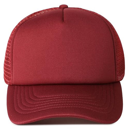 MIRMARU 5 Panels Blank Foam Front Two Tone Solid Trucker Mesh Back Baseball Cap with Adjustable Snapback Strap - color: Solid-burgundy