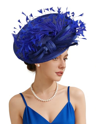 Unpifolov Fascinators Hats Elegant Women Flower Mesh Feathers Wedding Cocktail Bride Headband for Derby Hat Tea Party - color: Royal Blue