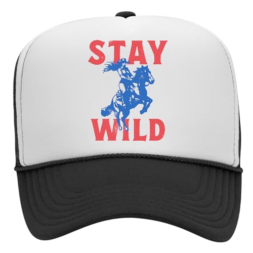 Stay Wild Trucker Hat | Vintage Cowboy Cowgirl Western Funny | Premium Mesh Foam Snapback Hat for Men & Women - color: Black/White
