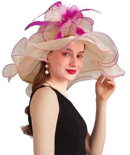 Women Derby Church Hat Organza Flower Wedding Tea Party Fascinator Wide Brim Sun Hat - color: 16-beige