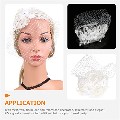 Beaupretty Womens Fascinators Hat Bridal Wedding Veil Mesh Lace Headband Tea Party Headwear Fascinator Veil Headband - color: White
