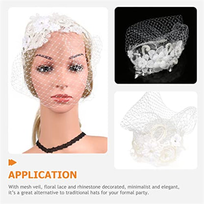 Beaupretty Womens Fascinators Hat Bridal Wedding Veil Mesh Lace Headband Tea Party Headwear Fascinator Veil Headband - color: White