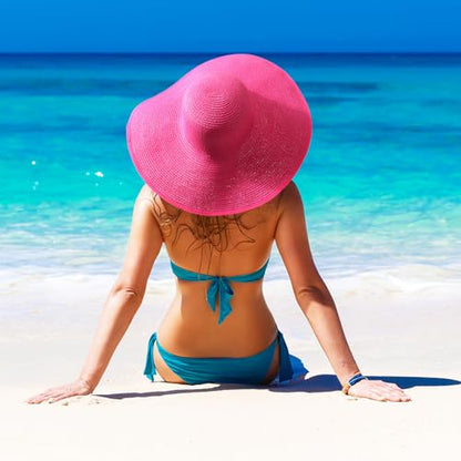 DRESHOW Big Straw Sun Hats for Women Floppy Foldable Roll up Beach Cap Sun Hat UPF 50+ Vacation Honeymoon Embroidered Hat - color: Medium Size: Rose Red / Brim 5.5" (Head Circumference 22-22.8")