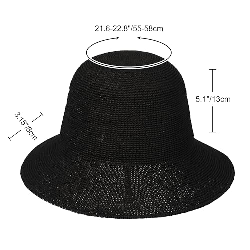 Womens Sun Hat Handmade Foldable Straw Bucket Hat Summer Crochet Travel Cap - color: Black, size: Small