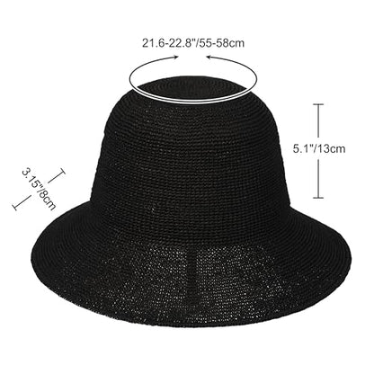 Womens Sun Hat Handmade Foldable Straw Bucket Hat Summer Crochet Travel Cap - color: Black, size: Small