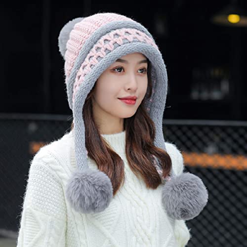 HUAMULAN Women Winter Peruvian Beanie Hat Ear Flaps Fleece Lining - color: Pink Grey