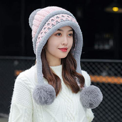 HUAMULAN Women Winter Peruvian Beanie Hat Ear Flaps Fleece Lining - color: Pink Grey