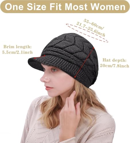 stablerice 4 Pack Womens Winter Beanie Hats Thick Warm Knit Hat with Visor Brim Wool Snow Ski Caps Chunky Soft Slouchy Cap - color: Black, Grey, Purple, White