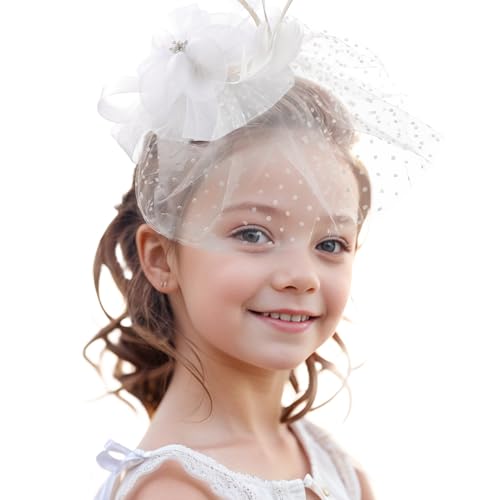 Zinniday Rose Mesh Feather Fascinator - White Derby 2026 Fascinators with Hair Clip, Kentucky 1920s 50s Victoria Tea Party Hats for Women Lady Girls Cocktail Ball Cosplay Party Costume Headwear - color: White