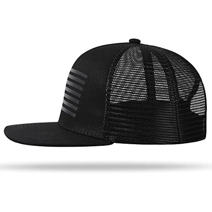 UALON Baseball Cap, Snapback Trucker Hat for Men & Women with American Flag and Adjustable, Breathable Mesh, Flat Bill Hats - color: Black/Black