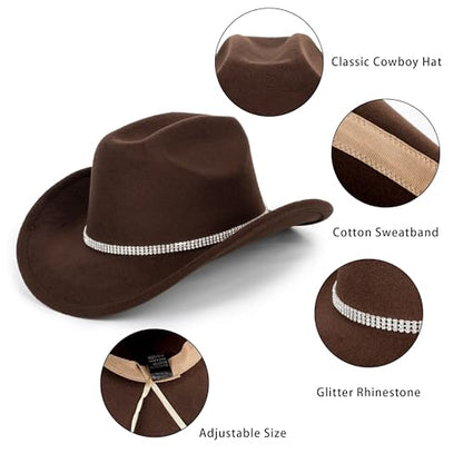 Glitter Silver Black Cowboy Hats Women Western Rhinestone Cowgirl Hat - color: 3 Circles Diamond-coffee